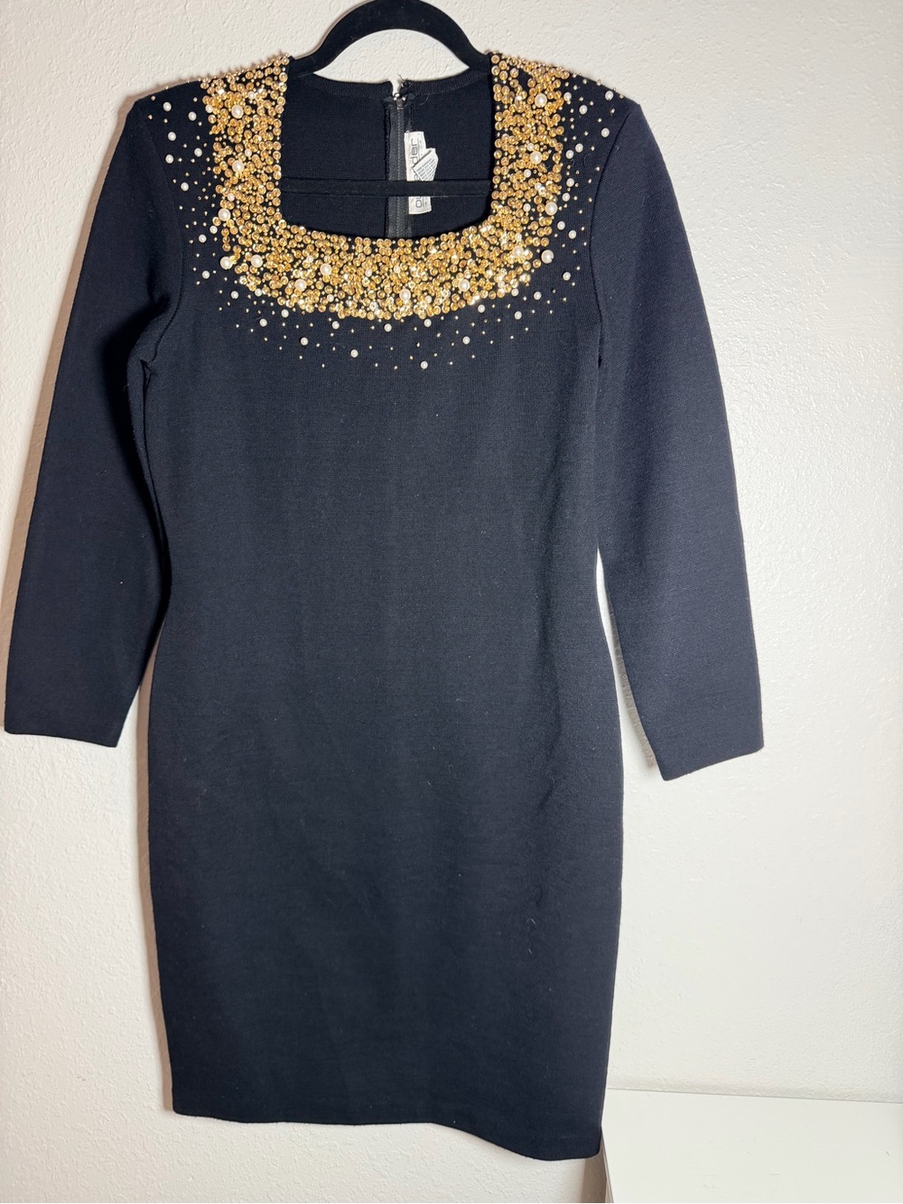 Vintage 80s Black Wool Long Sleeve Gold Sequin Pearl Beaded Sheath Dress Size M